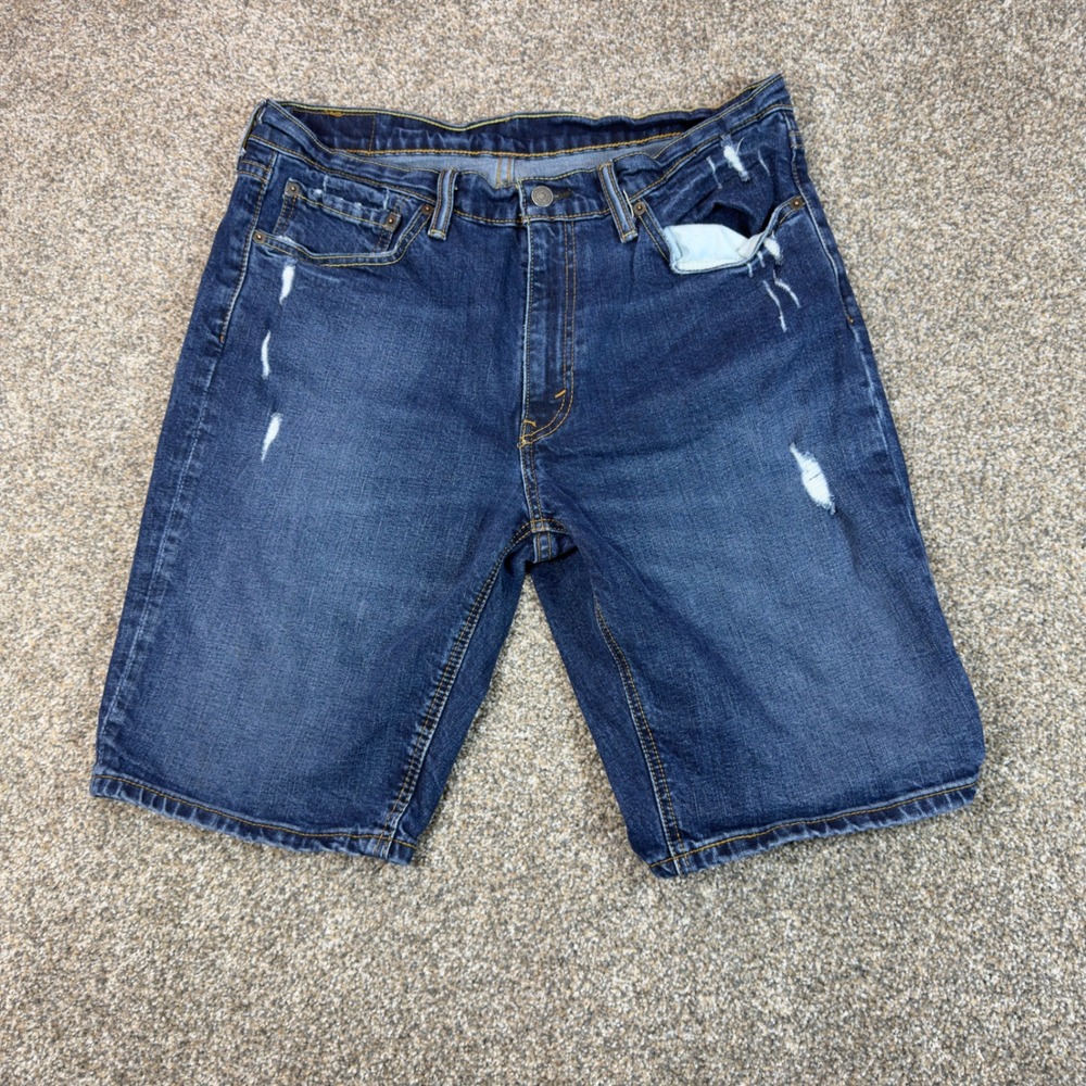 Levi Strauss 541 Athletic Taper Denim Shorts Mens 34 Dark Wash Distressed Blue